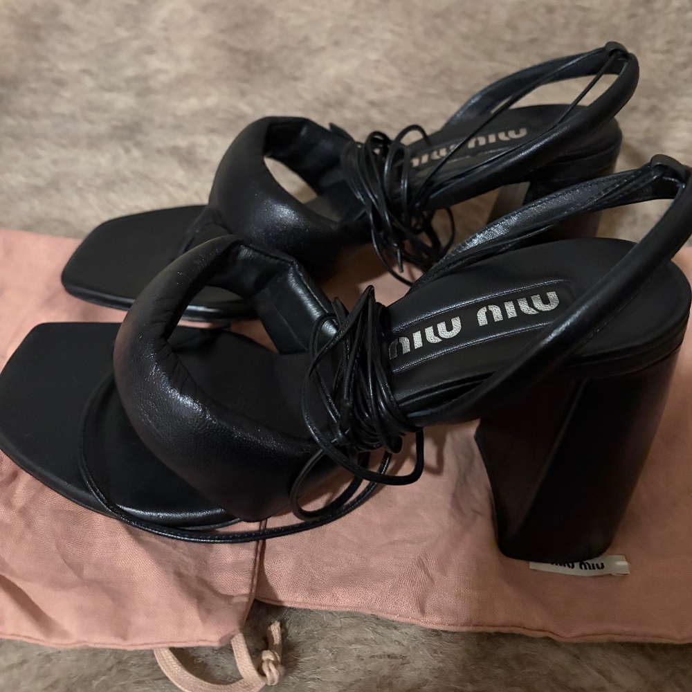 Miu Miu Black Leather Tie Up Sandals